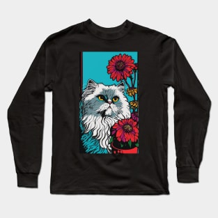 Persian Cat Vibrant Tropical Flower Tall Retro Vintage Digital Pop Art Portrait 7 Long Sleeve T-Shirt